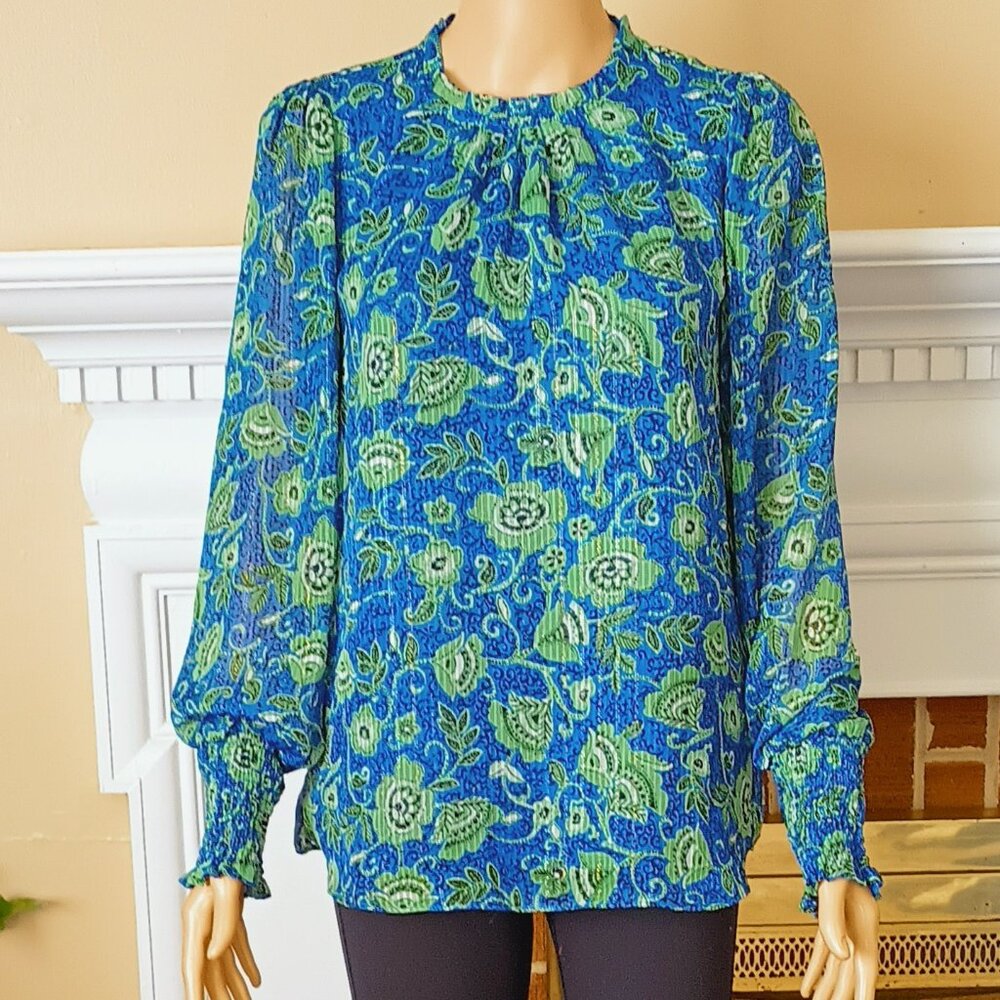 Maison d’ Amelie Floral  Blouse S Ruffle Neck Blue & Green Metallic Weaving